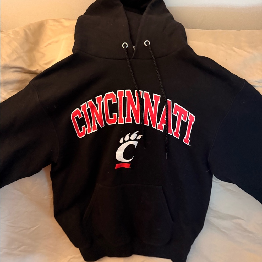 Champion Black Hoodie with Red and White Cincinnati Design
